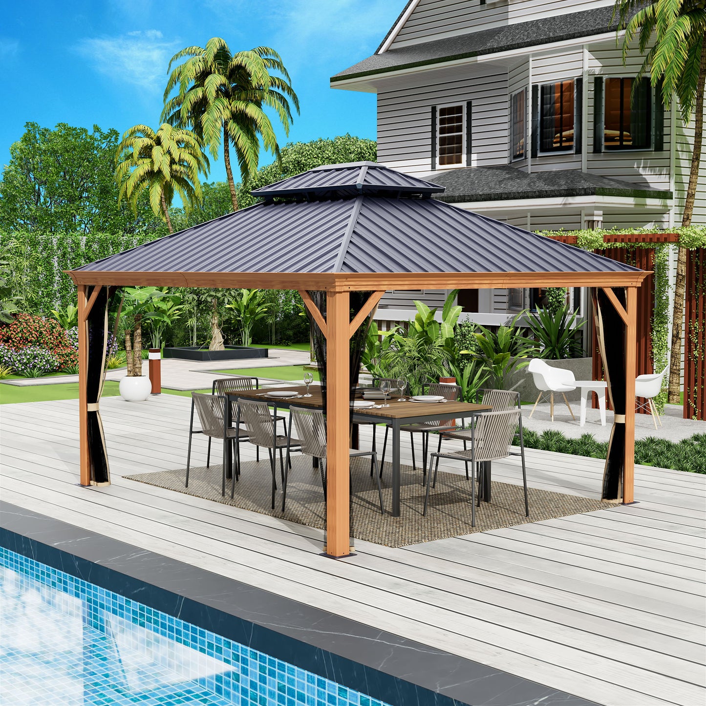 12-Ft X 20-Ft Gazebo Brown Gazebo with Hardtop Roof (Screen Included)
