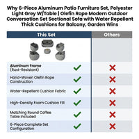 6-Piece Aluminum Patio Furniture Set,Polyester Light Grey W/Table | Olefin Rope Modern Outdoor Conversation Set Sectional Sofa with Water Repellent Thick Cushions for Balcony, Garden — Comparison