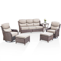 6 Pieces Outdoor Patio Furniture Set with Swivel Rocker Chairs and 6" Thick Cushions,Wicker Conversation Set with Sectional Sofa Coffee Table for Porch Deck Backyard Poolside