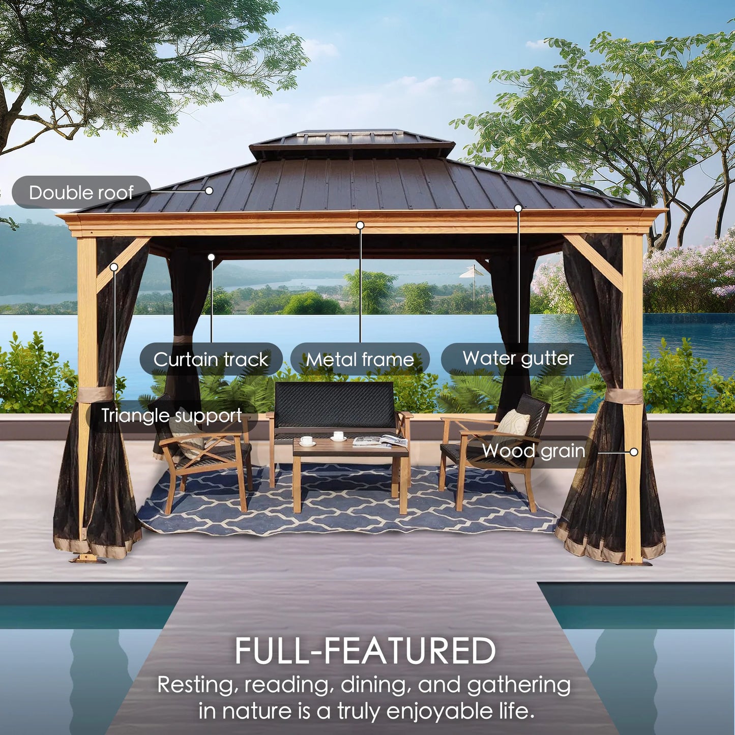 12-Ft X 20-Ft Gazebo Brown Gazebo with Hardtop Roof (Screen Included)