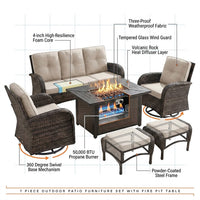 7 Piece Outdoor Patio Furniture Set, Patio Furniture Set with Fire Pit Table Rattan Wicker Patio Furniture Set, Brown Wicker & Beige Cushion — How It Works