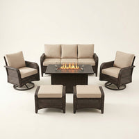 7 Piece Outdoor Patio Furniture Set, Patio Furniture Set with Fire Pit Table Rattan Wicker Patio Furniture Set, Brown Wicker & Beige Cushion — Studio Shot