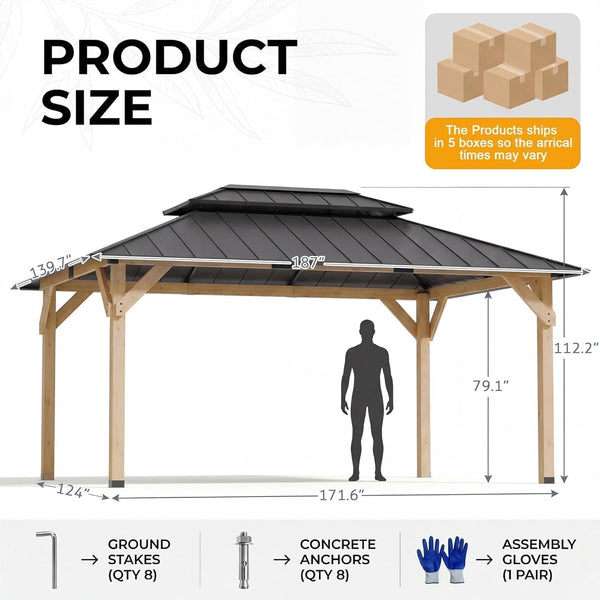 Wooden Gazebo Built for Year-Round Use, 12x16 Hardtop, Galvanized Steel Roof, Pre-Sanded Solid Wood Frame