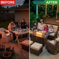 7 Piece Outdoor Patio Furniture Set, Patio Furniture Set with Fire Pit Table Rattan Wicker Patio Furniture Set, Brown Wicker & Beige Cushion — Before & After