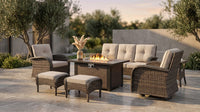 7 Piece Outdoor Patio Furniture Set, Patio Furniture Set with Fire Pit Table Rattan Wicker Patio Furniture Set, Brown Wicker & Beige Cushion — Lifestyle