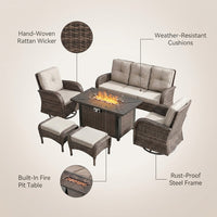 7 Piece Outdoor Patio Furniture Set, Patio Furniture Set with Fire Pit Table Rattan Wicker Patio Furniture Set, Brown Wicker & Beige Cushion — infographic