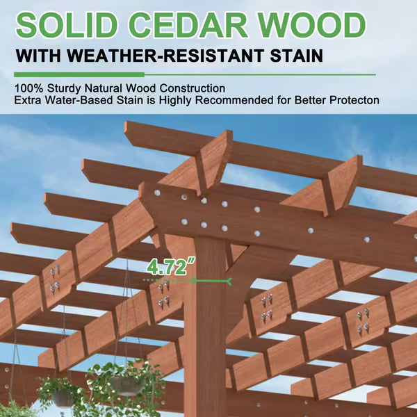 Cedar Wood Pergola Crafted for Natural Shade, 12x12 Ft Coverage, Waterproof Coating, Three-Tiered Design