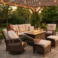 7 Piece Outdoor Patio Furniture Set, Patio Furniture Set with Fire Pit Table Rattan Wicker Patio Furniture Set, Brown Wicker & Beige Cushion — Lifestyle