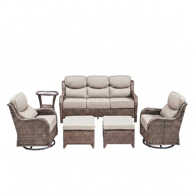 6 Pieces Outdoor Patio Furniture Set with Swivel Rocker Chairs and 6" Thick Cushions,Wicker Conversation Set with Sectional Sofa Coffee Table for Porch Deck Backyard Poolside — Studio Shot