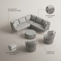 Aluminum Patio Furniture Set Built for All-Weather Use, 6-Piece Sectional, Water Repellent Cushions, Olefin Rope — infographic