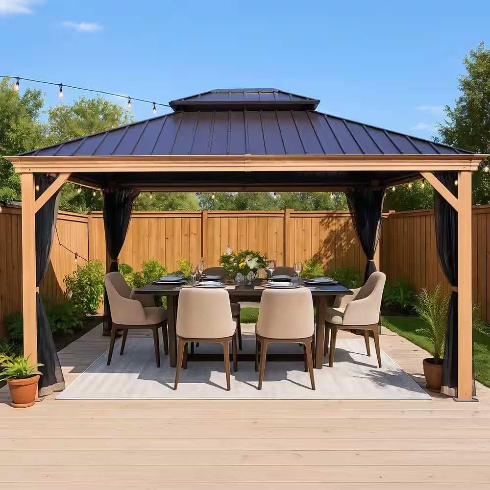 Apollo 12 Ft. X 14 Ft. Wood like Aluminum Hardtop Gazebo with Galvanized Steel Roof and Mosquito Net