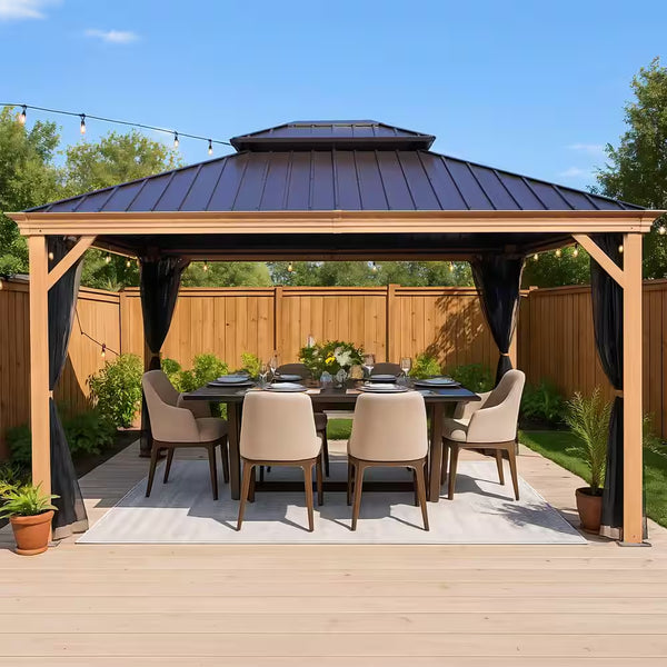 Apollo 12 Ft. X 14 Ft. Wood like Aluminum Hardtop Gazebo with Galvanized Steel Roof and Mosquito Net