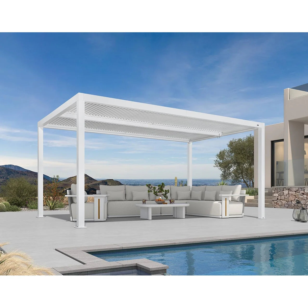 Louvered Pergola Modern White Pergola with Adjustable Roof for Deck Backyard Garden