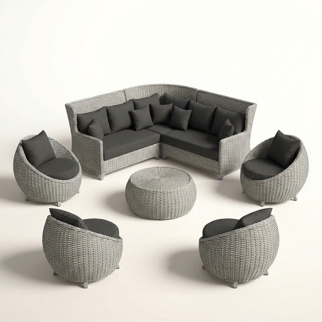 Aluminum Patio Furniture Set Built for All-Weather Use, 6-Piece Sectional, Water Repellent Cushions, Olefin Rope — Studio Shot