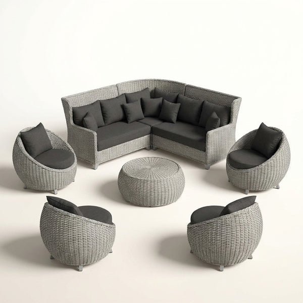Aluminum Patio Furniture Set Built for All-Weather Use, 6-Piece Sectional, Water Repellent Cushions, Olefin Rope — Studio Shot